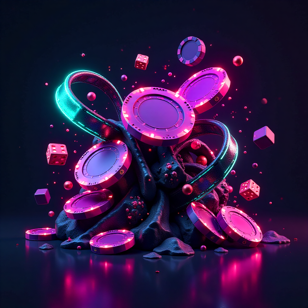 Dynamic 3D explosion of purple and teal casino chips, Solana coins, and dice mixed with subtle liquid metal ribbons in German flag colors (black, red, gold), dark charcoal reflective background, neon energy trails, futuristic high-tech gambling art, high 